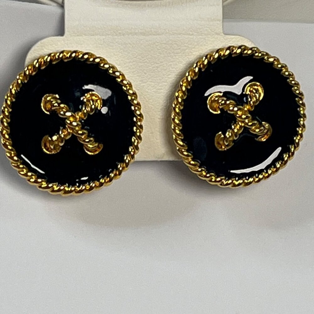 Vintage Navy Blue  & Gold Clip-On Earrings With Twisted Rope Design & Cross